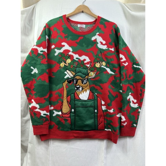 Ugly Christmas Sweater Size XL 46-48 Deer Hunting Built-in Drink Holder Camo - Picture 11 of 16